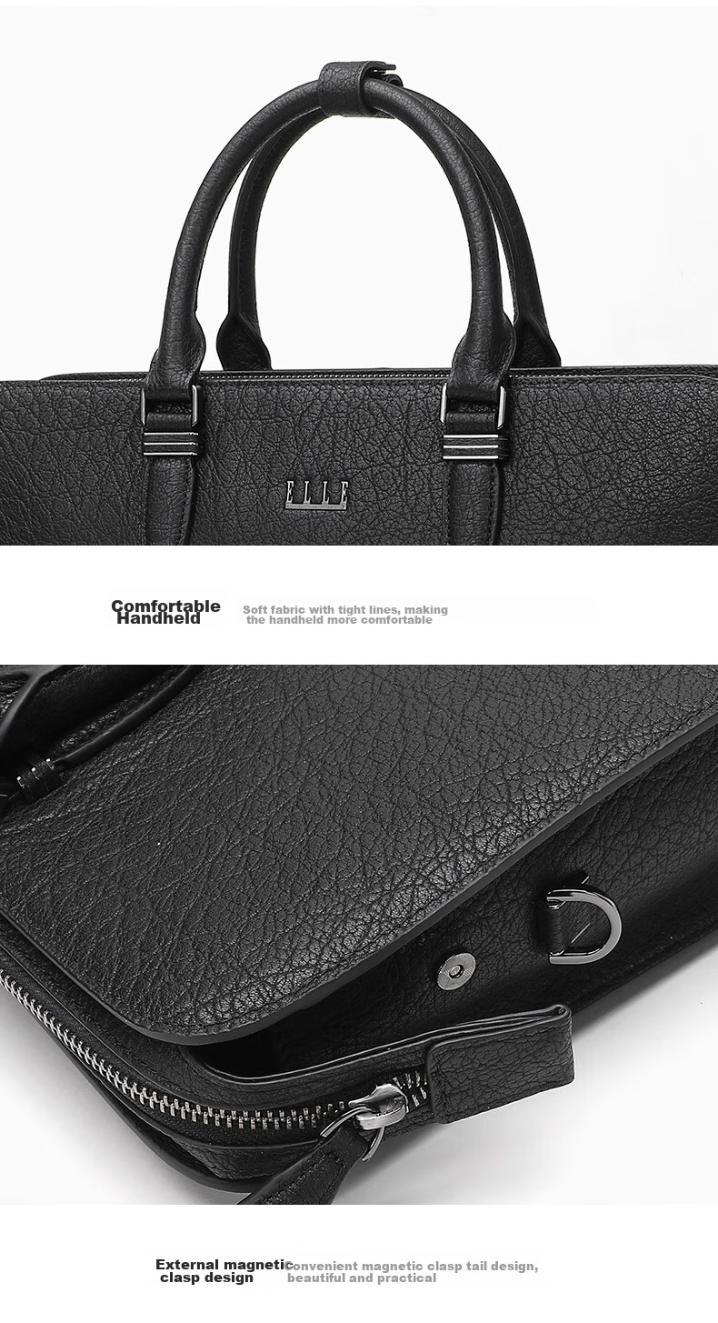 ELLE HOMME Men's Business Briefcase, Light Luxury Top-Grain Leather Handbag, Crossbody Laptop Bag for Men, 03910 Black 11