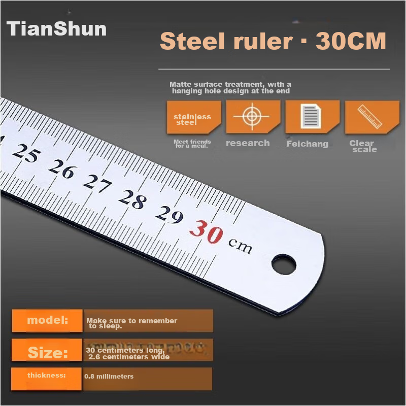 Tianshun Stainless Steel Straight Ruler, 30 Cm Thick Stainless Steel, Millimeter-Level Precision-Cut High-Precision Carpenter's Ruler for Drawing And Engineering Measurement, Steel Ruler, Back-To Essential
