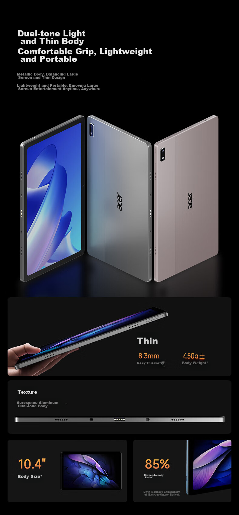 Acer [15% Subsidy] Tablet Pad 10.4-Inch 2K HD Full Screen, 4G SIM Card Compatible, All Network Support, Low Blue Light Eye Protection, Computer with 8-Core 6GB+128GB, Gray A510 3