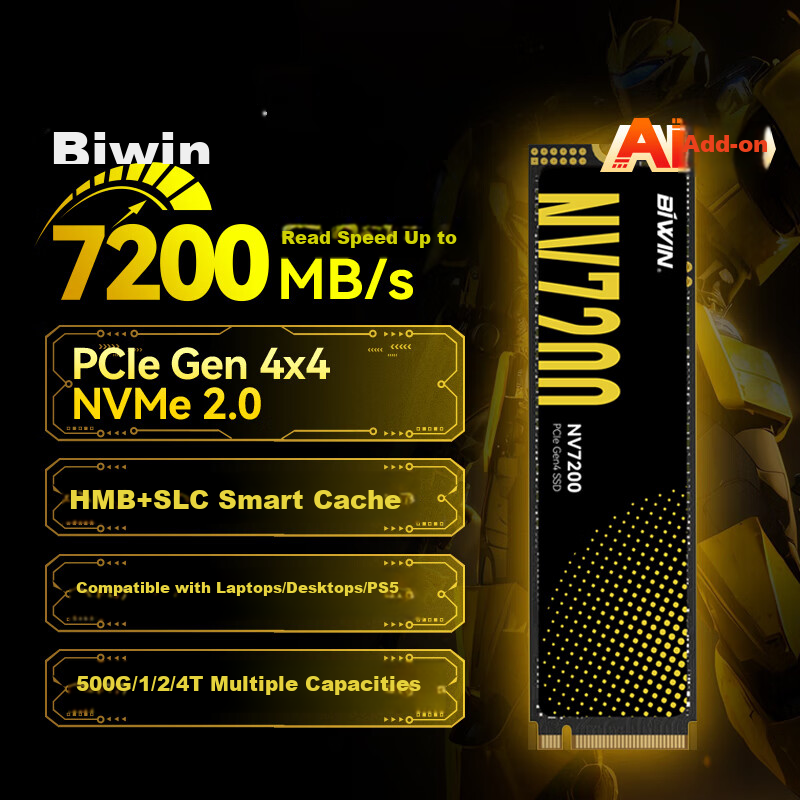 BIWIN 1TB SSD Solid State Drive M.2 Interface (NVMe Protocol), NV7200 Series, PCIe4.0 Read Speed 7200MB/s, AI PC Computer Storage Accessory