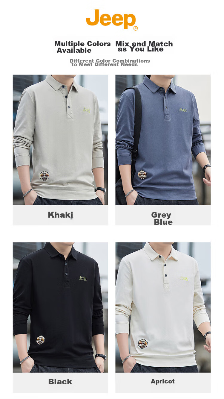 JEEP Men's Long-Sleeve T-Shirt, Spring And Autumn Polo, Loose Casual Undershirt, Men's Clothing, Apricot Color, XL Size 3