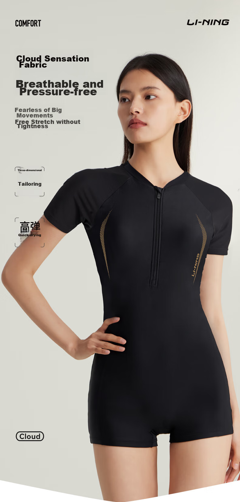 Li-Ning One-Piece Swimsuit for Women, Square-Leg Swimming Costume, Professional Athletic Conservative Slimming Hot Spring Swimwear, 7561 Black Gold XXXL 3