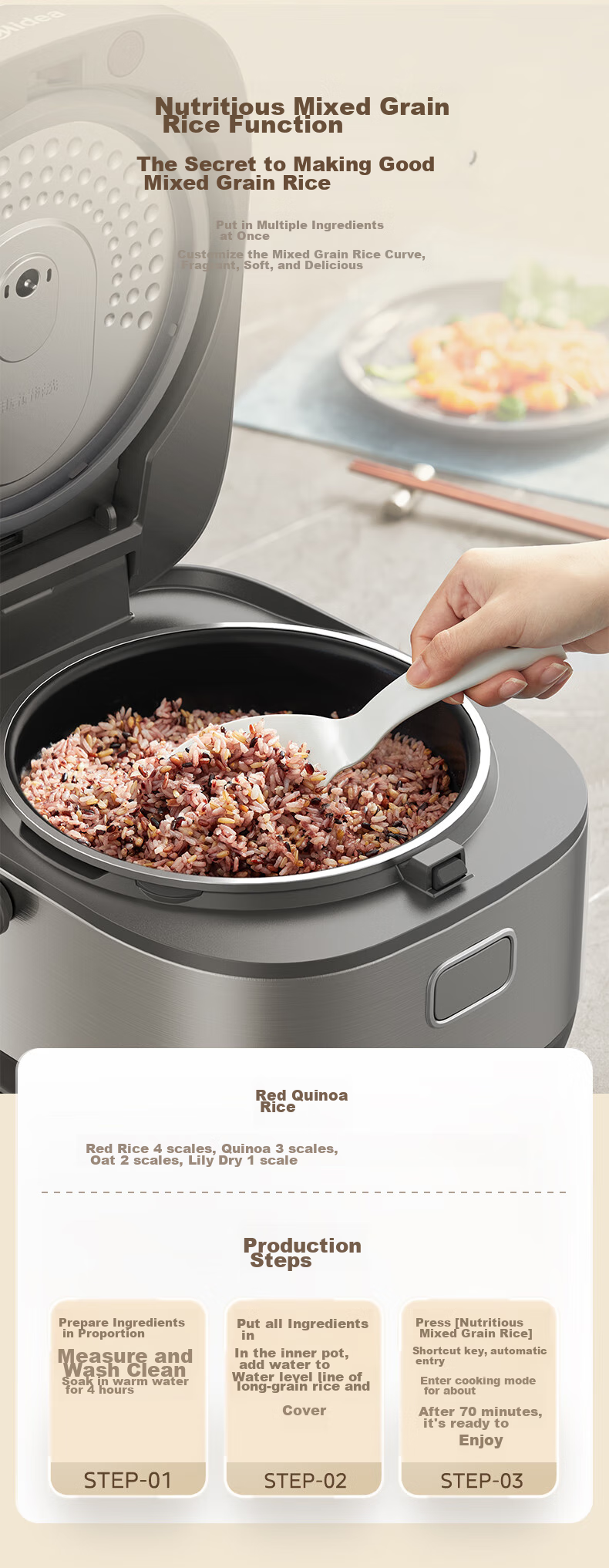 Midea 3L Rice Cooker, IH Heating, Nutritious Mixed Grain Rice, 24h Smart Reservation, 1.5mm Fine Iron Pot, Detachable Upper Cover for Cleaning, MB-CFB3036H [ZMD Peace of Mind Series] 6