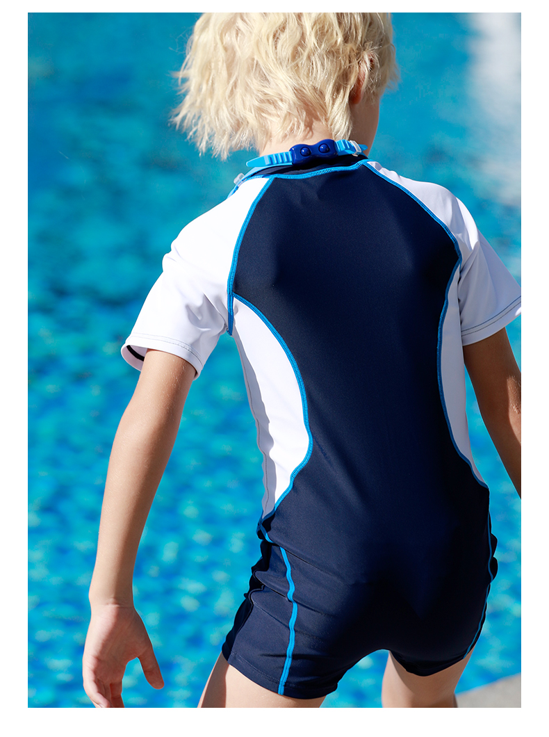 PEAK Children's Swimsuit, Boys' Student Swimwear, Baby And Older Children's One-Piece Swim Trunks, Boys' Short-Sleeve Surfing Suit Set YS11131 Blue And White 120 13