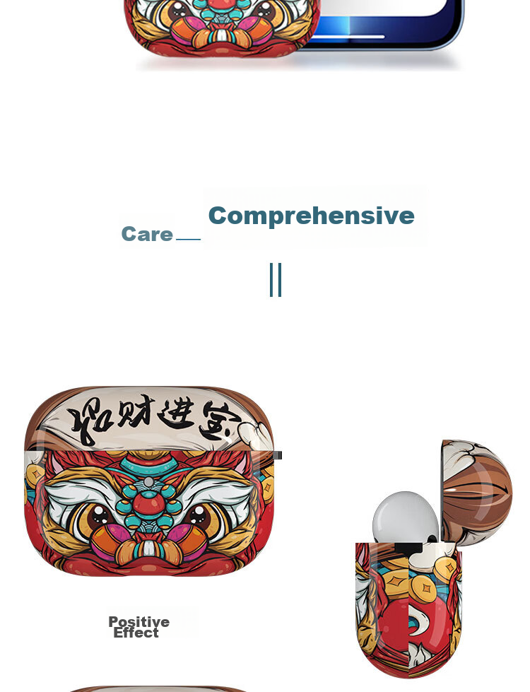 ESCASE AirPods Pro Second Generation Protective Case, National Trend Apple Wireless Bluetooth Earphone Cover, Cartoon Trendy Style, Creative Dust-Proof And Shockproof IML Hard Shell, Personalized Trendy Cute Design, Attract Wealth And Fortune 13
