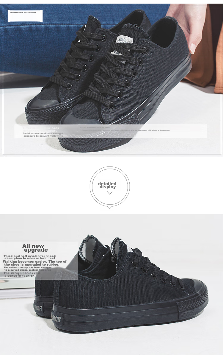 Warrior Canvas Shoes, Unisex Low-Top Casual Sneakers, Lace-Up Versatile Sports Shoes for Students, WXY-A007, Black, Size 41 3