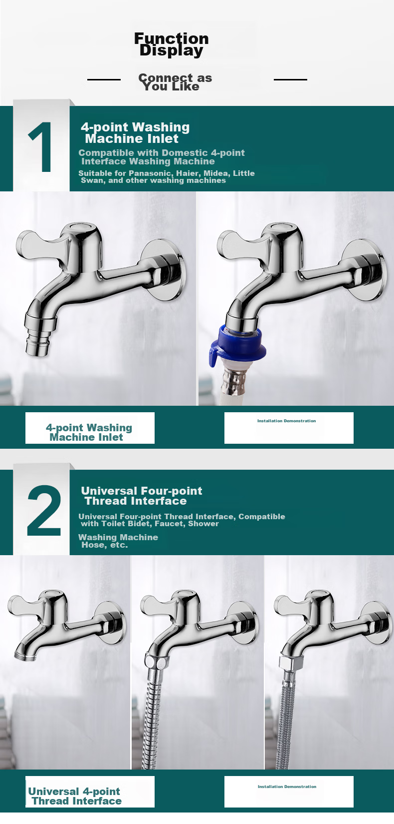 BSITN Brass Washing Machine Faucet, One Inlet Two Outlets, High Flow Rate Faucet, Extended Spout, Balcony Faucet B052 5