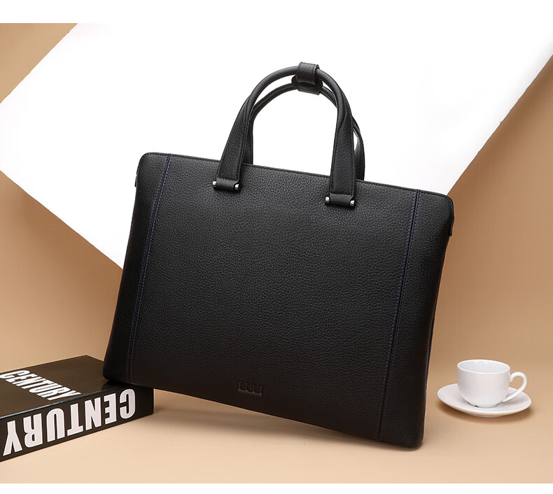 ELLE HOMME Men's Business Briefcase, Light Luxury Top-Grain Leather Handbag, Fashionable Laptop Bag EA388200510 Black 2