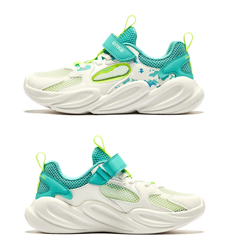 ERKE Children's Shoes, Boys' Velcro Casual Shoes, Kids' Summer Hollow Sandals, Black/micro-Crystal White/Lime Green, Size 36 32