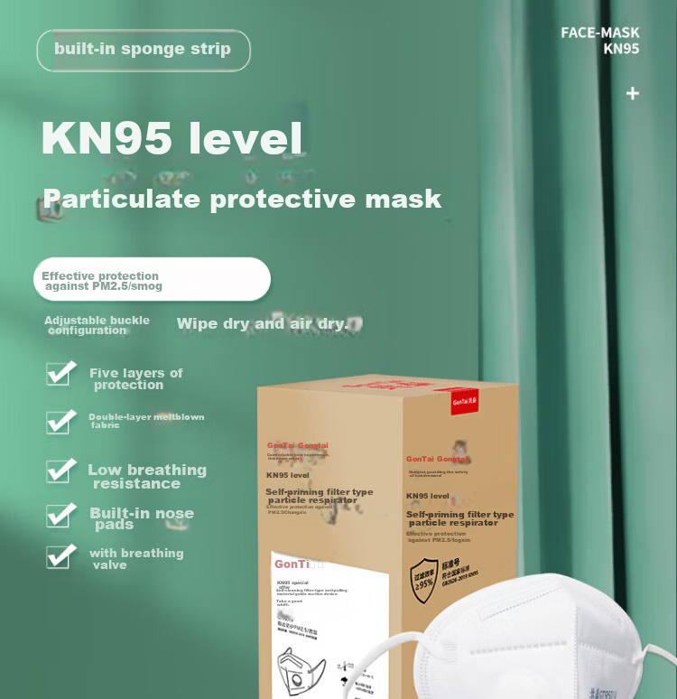 Gongtai KN95 Mask with Exhalation Valve, Protection against Industrial Dust, PM2.5, Influenza, And Droplets, GT9501V, Pack of 30 1