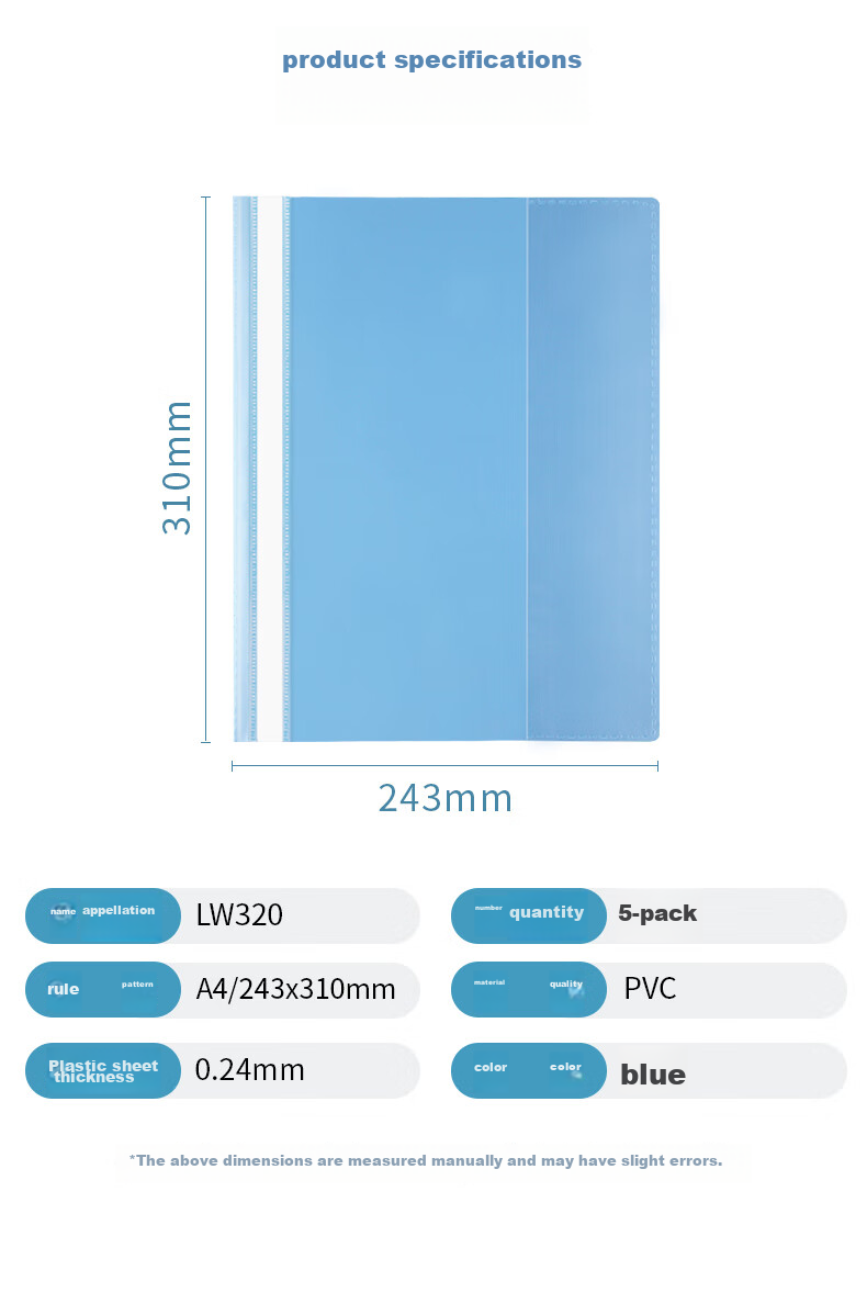 Jindeli 5 A4 File Folders, Report Folders, Organizers, Loose-Leaf Plastic Binding Strips, Two-Hole Punchers, Simple File Binding Strips, Pressure Strips, Two-Hole Loose-Leaf Clamps, Blue, LW320 3