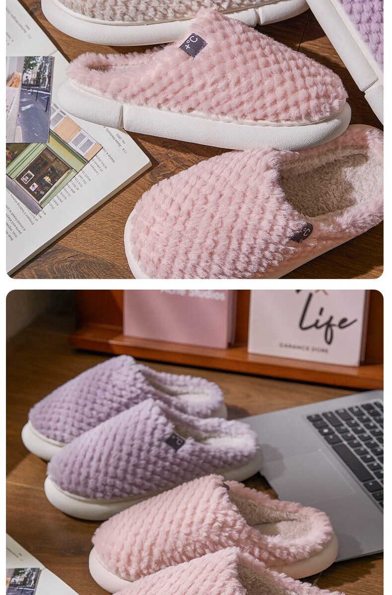 GUOLUOFEI Cotton Slippers, Men's Indoor Thick Warm Couple Thick-Soled Furry Slippers for Women, Beige, Size 36-37 18