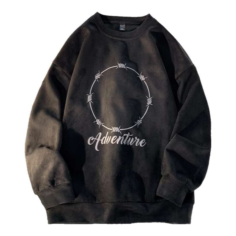 Dingfengbaoluo Suede Sweatshirt, Long Sleeve Men's American Vibe Style, Spring Trendy Printed Base Layer, Loose Fit DFL01 Black 3XL