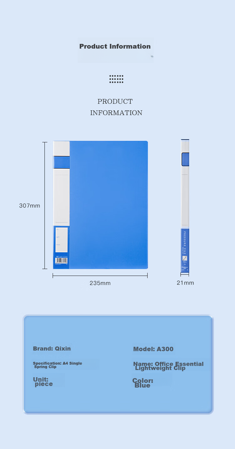 COMIX A4 File Folder/document Holder/single Spring Clip, Blue, Office Stationery A300 6