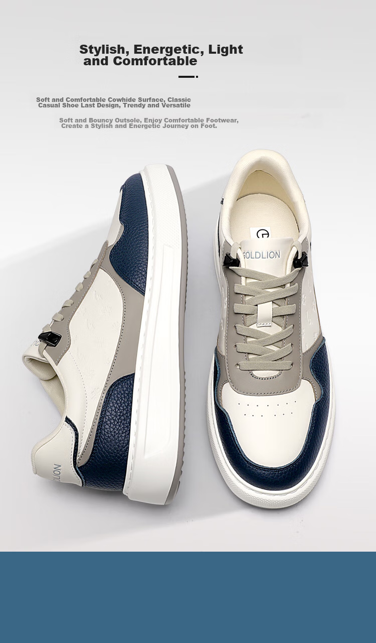 Goldlion Men's Shoes, Casual Sneakers, Lightweight And Comfortable, Classic Versatile Skateboard Shoes, G557430575LBE, White And Blue, Size 39 3