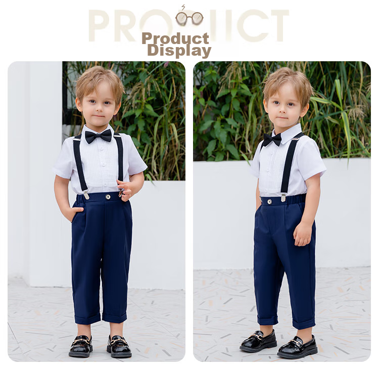 LUOBOBEIBEI Children's Suspender Pants Set Summer Style, Boys' Formal Wear for Hosts And Choruses, New Year's Outfit, Black Four-Piece Set, Size 120 10