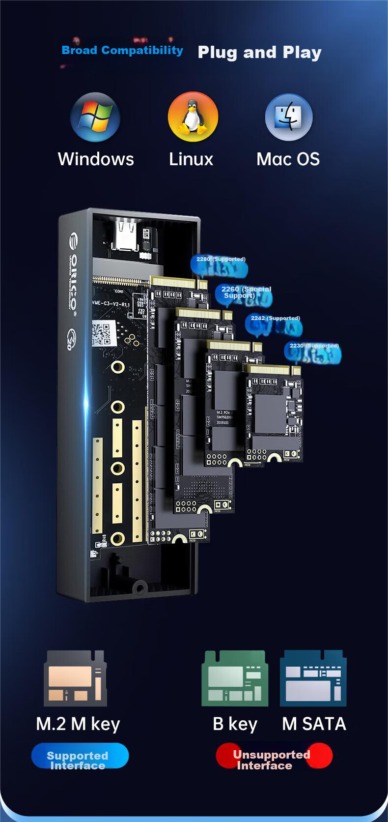 ORICO M.2 NVMe SSD Enclosure, 20Gbps USB3.2, Built-In Fan Cooling, Compatible with Apple Phones And Laptops, External SSD Portable Hard Drive Enclosure, M2PVC3-G20 12