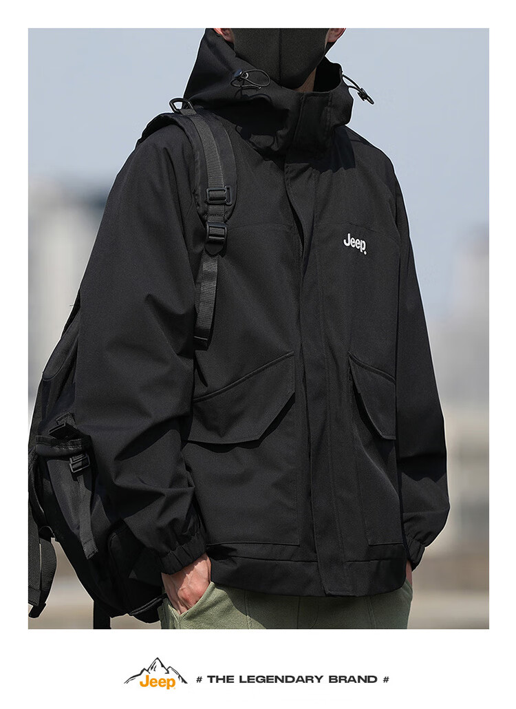 JEEP Men's Jacket, Spring And Autumn Outerwear, Loose Casual Workwear, Windbreaker for Men And Women, Couples' Clothing, Black, Size S 17