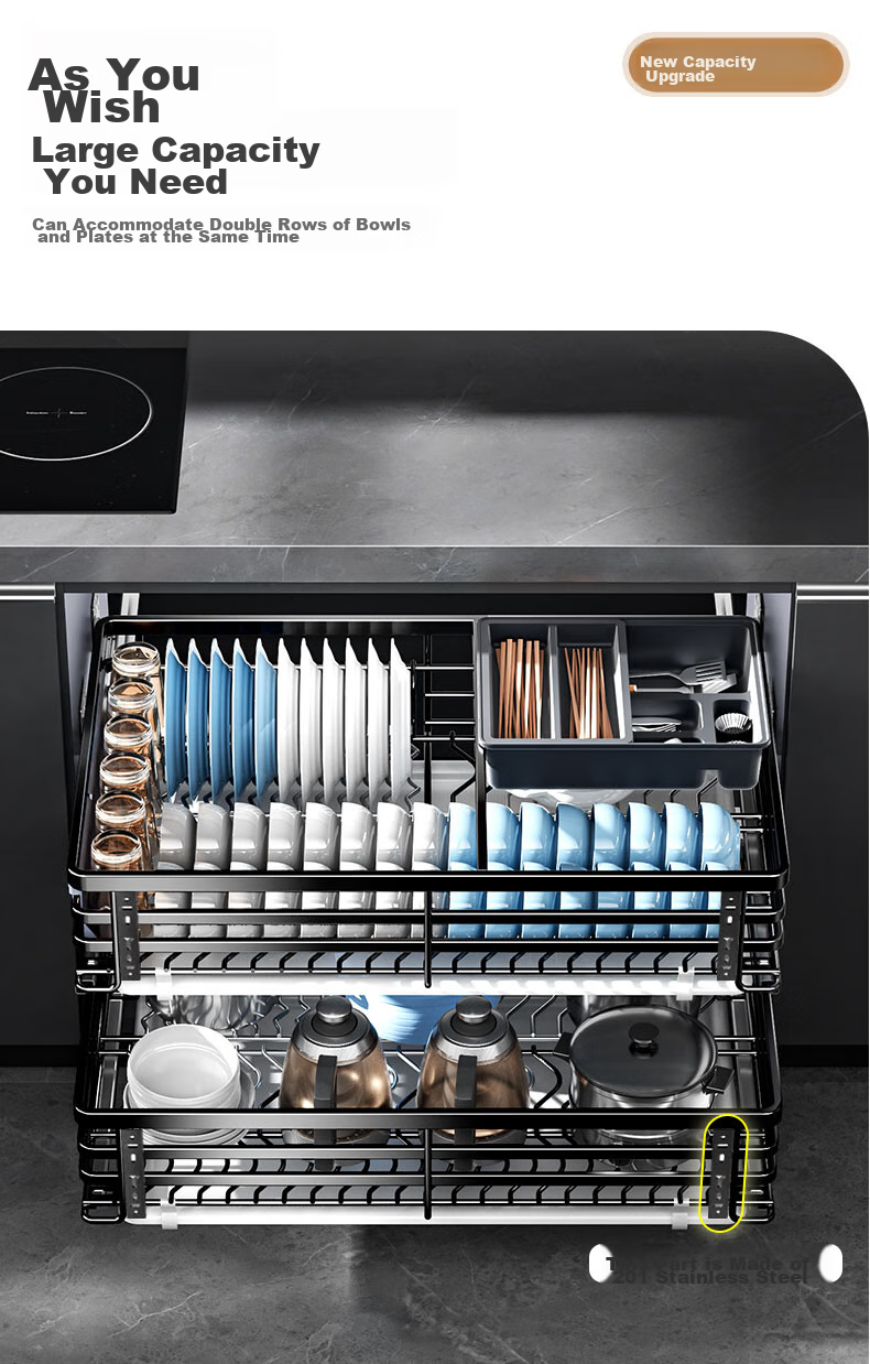 Cobbe 304 Stainless Steel Drawer-Type Bowl Rack, Kitchen Cabinet Double-Layer Pot Bowl Plate Storage Shelf, Cabinet Bowl Dish Pull-Out Basket 7
