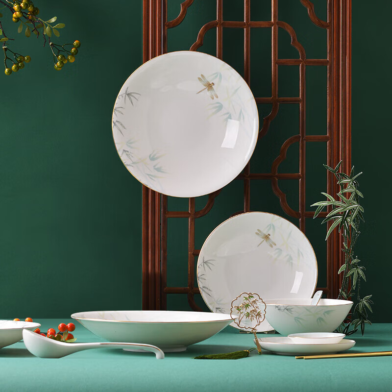 HG Guoci High-Temperature Glazed Bone China Dinnerware Set, Light Luxury Gold-Rimmed Qingting, 6 People, 32 Pieces
