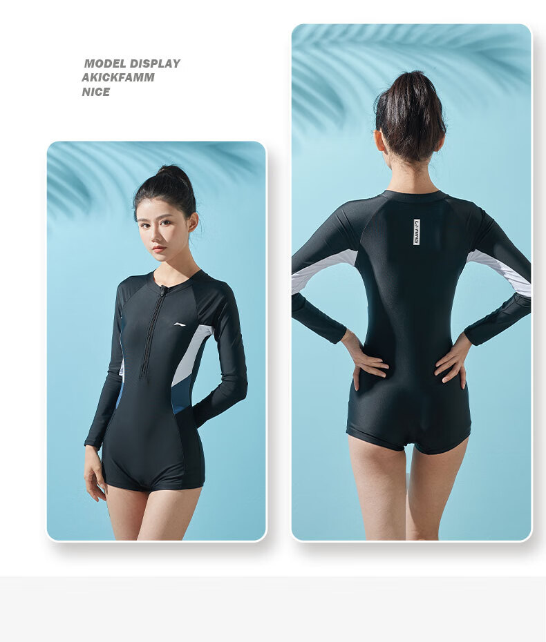 LI-NING Women's One-Piece Conservative Long Sleeve Square Leg Swimsuit High Elastic Breathable Color Block Hot Spring Vacation Swimwear 062 Black Pink M 12