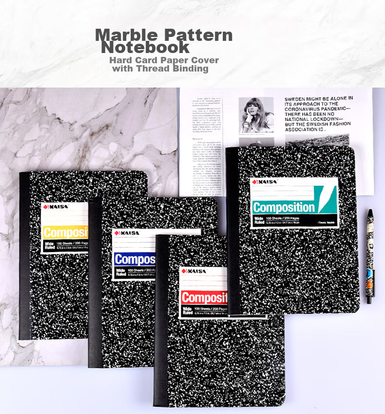 KAISA B5 Soft Notebook, Stitched Binding, 100 Sheets, Lined Paper, Black And White Marble Pattern, Flat-Spreadable Notebook, Thin And Crisp Notebook, 4 Books 1
