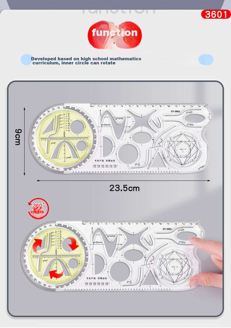 DiLe Multifunctional Rotating Drawing Ruler, Math Geometry Circle Measuring Protractor Triangle Straight Ruler Parallel Ruler Student Creative Drawing Tool Stationery, 2694 Pure Blue 7