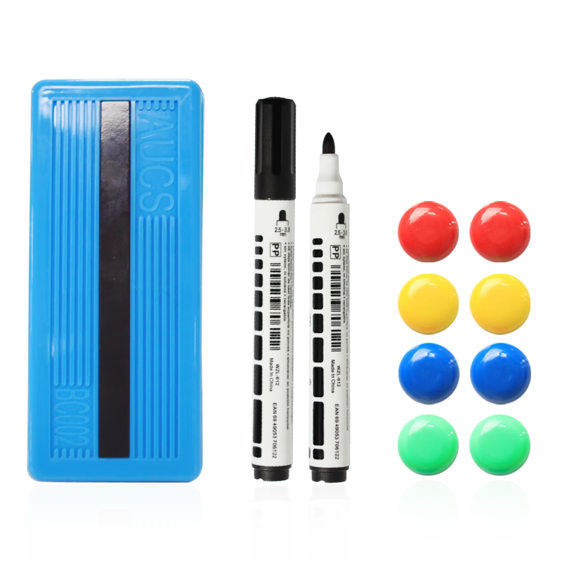 AUCS Aosheng Whiteboard Eraser Set for Blackboard And Whiteboard, Magnetic Eraser with Magnetic Clasp, Whiteboard Pen Set, 2 Black Erasers, 8 Magnetic Pins, 1 Chalk Eraser Brush