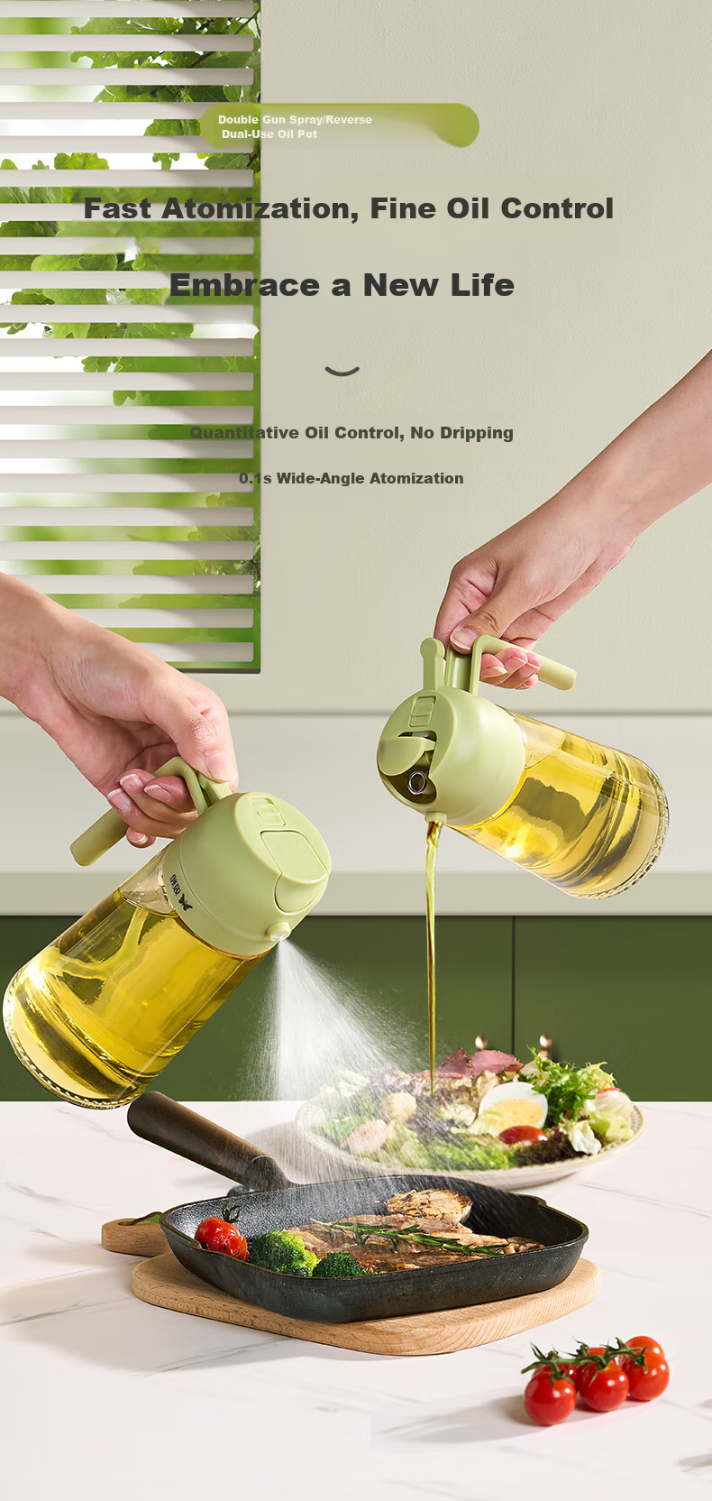 Suncha Oil Dispenser, Oil Pouring And Spraying All-In Glass Oil Bottle for Cooking Oil, Kitchen Use, Non-Drip, Olive Gree 2
