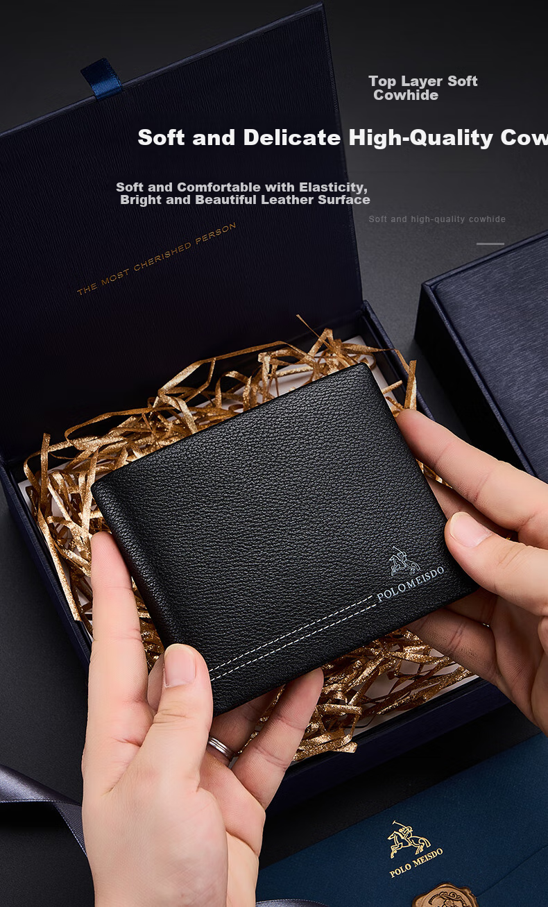 POLOMEISDO Men's Wallet, Cowhide Short Style, Multi-Card Slots, Gift Box, Birthday Present for Boyfriend, Husband, Father, Practical 2
