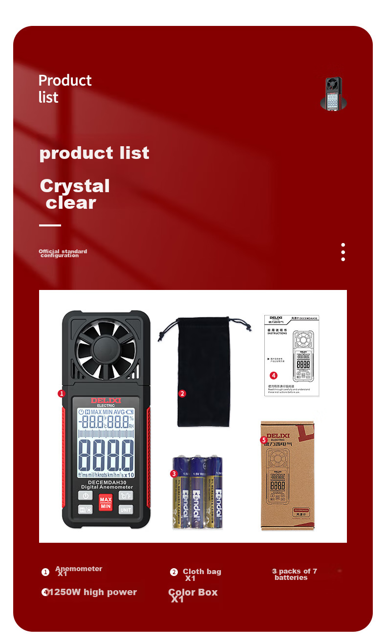 DELIXI ELECTRIC Anemometer, High-Precision Portable Wind Speed/temperature/volume Meter, Digital Anemometer DECEMDAH30 16