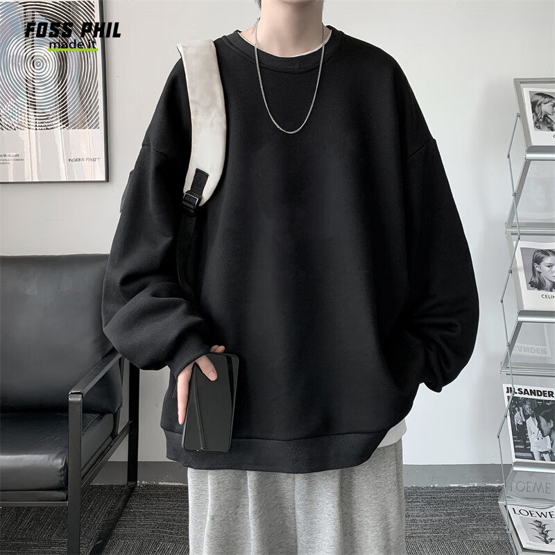 Foss Phil Men's Sweatshirt, Spring And Autumn Long-Sleeve T-Shirt, Round Neck American-Style Top, Base Layer for Men's Clothing, 26WY03 Black M
