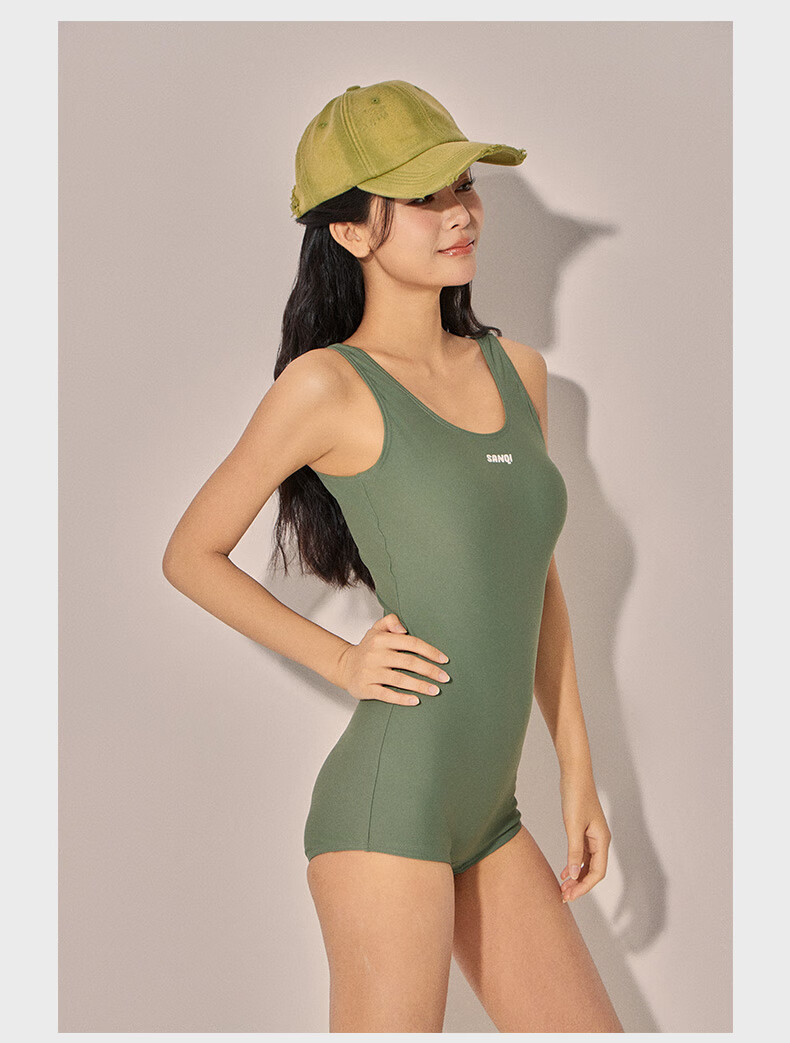 Sanqi One-Piece Swimsuit for Women, Square Leg Design, Slimming Effect, Plus Size Swimwear, Professional Training Competitive Gray Color, Size L 13