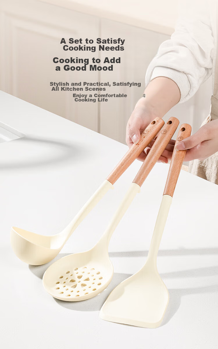 JD Original Spatula, Ladle, And Soup Spoon Set for Non-Stick Pans with Beech Wood Handles [Antibacterial Silicone] Three-Piece Spatula Set 6