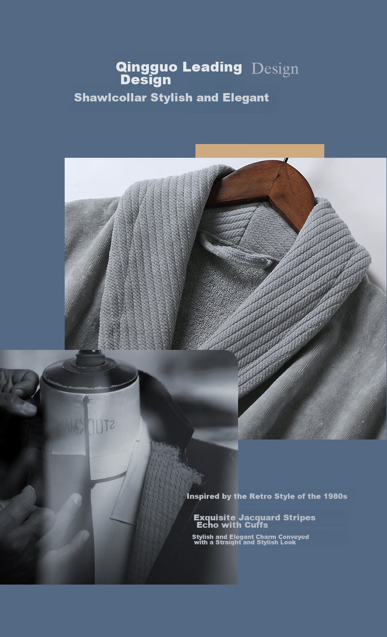 Canasin Five-Star Hotel Pure Cotton Bathrobe, All-Cotton Absorbent Couple Adult Bathrobe Sleepwear Long Style, Elegant Gray, M 6