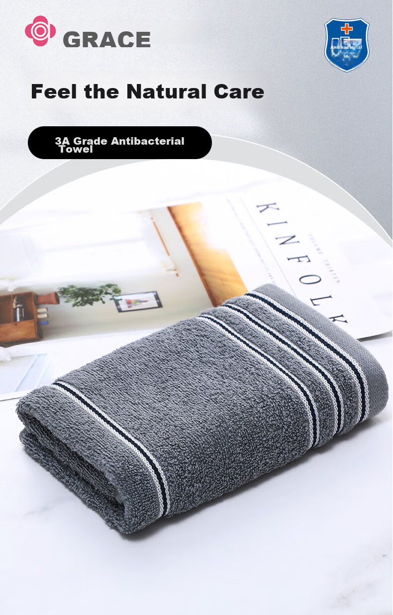 Grace 7A Antibacterial Class A Towel, Pure Cotton, Sports Striped Adult Face Towel, Long-Staple Cotton, Dark Gray, Single Piece, 70*34cm 1