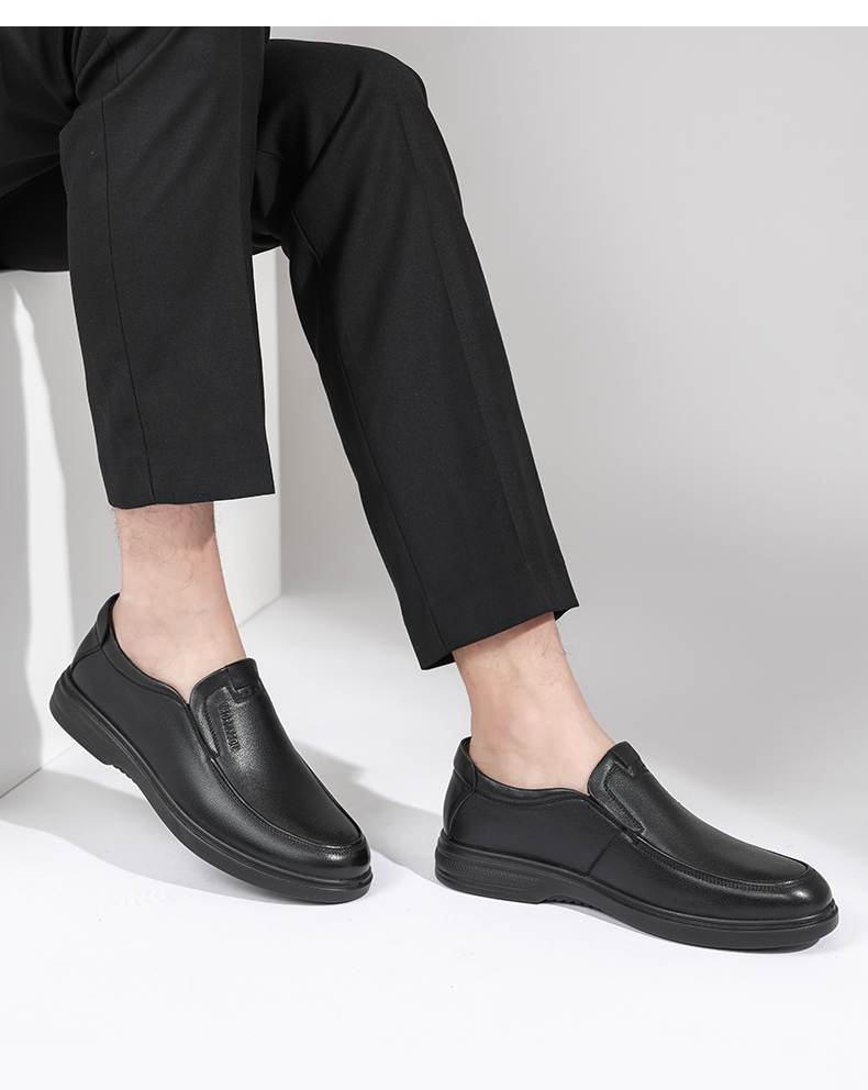 LAORENTOU Men's Leather Shoes, Business Casual Shoes, Low-Top, Top-Grain Cowhide, Slip-On, Polyurethane Sole, Non-Slip, Lazy Slip-On Dad Shoes, LA12158, Black, Size 40 15