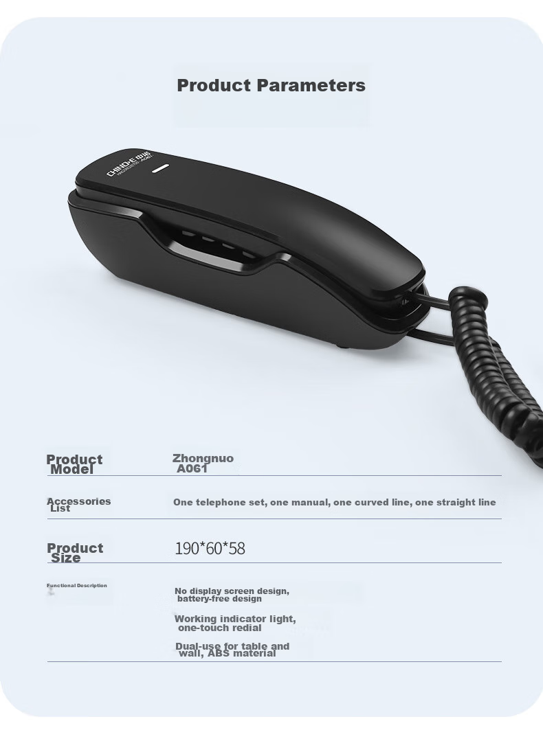 CHINO-E Telephone, Landline Hotel Phone, Small Handset, Desk And Wall Dual-Use, Battery-Free Wall-Mounted Extension, A061 Black Office Companio 9