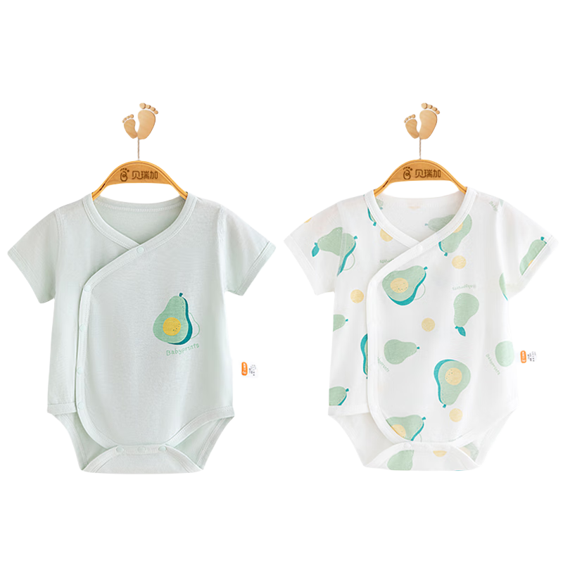 Babyprints Infant Romper, 2-Piece Set, Pure Cotton Onesie, Short-Sleeve Triangle Bodysuit, Thin Underwear, Belly Protection Jumpsuit, Green, Size 66