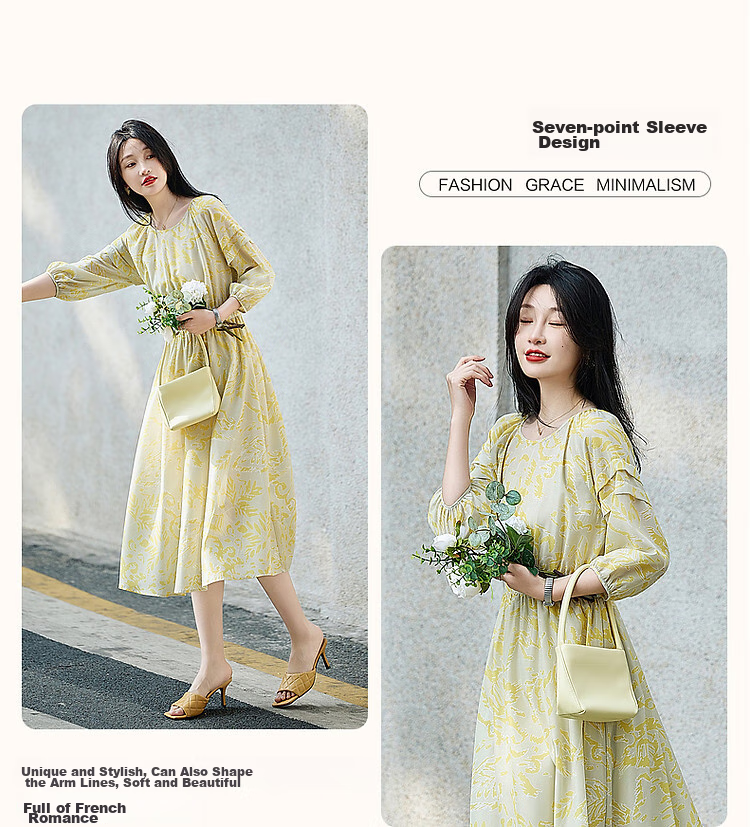 Dme French Mint Mambo Tea Break Dress, Spring And Autumn Vacation Style, Round Neck Printed Seven-Quarter Sleeve Midi Dress for Wome 6