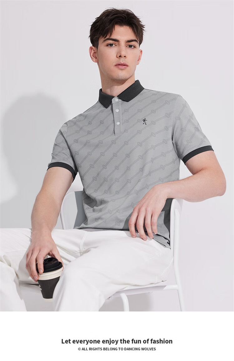 DANCING WOLVES [Mulberry Silk + Modal] Summer Printed Commuter Men's Short-Sleeve POLO Shirt, 005 Light Gray, Size 170 1