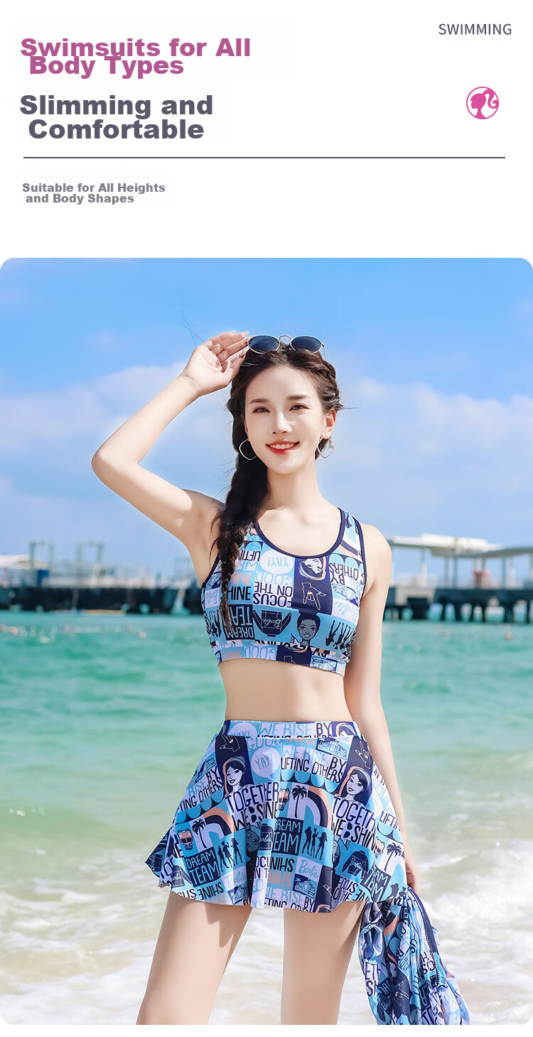 Barbie Women's Three-Piece Swimsuit Set: Conservative Fashion Printed Boyshorts, Tummy Control, Slimming, Small Chest, Beach Vacation Swimwear 3
