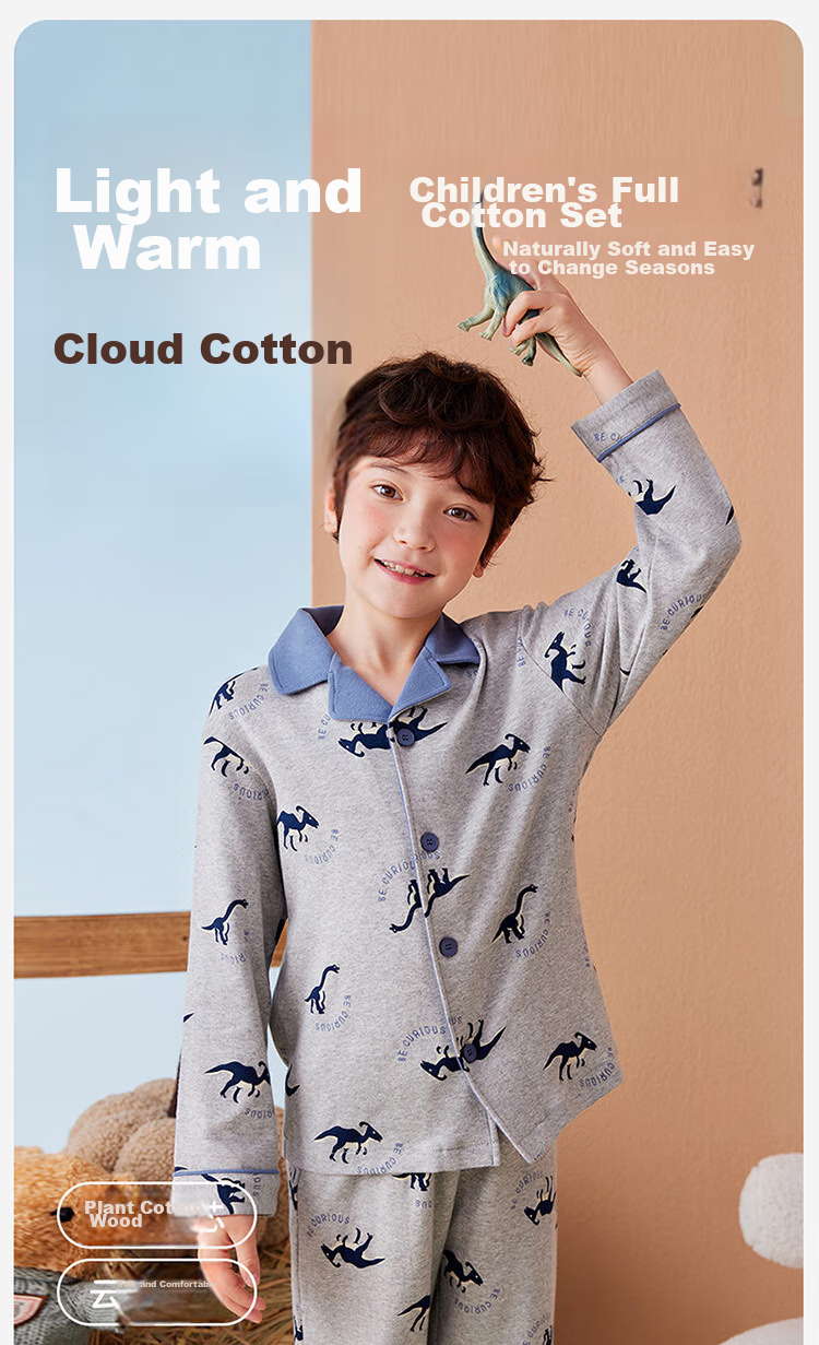 Dingguagua Children's Pajama Set, Pure Cotton Spring And Autumn Long-Sleeve Boys' Loungewear, All-Cotton Open-Front Sleepwear for Older Boys, Green, Size 150 1