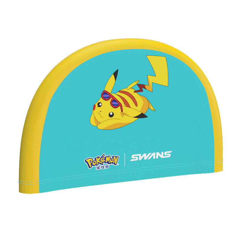 SWANS Swimming Cap for Children, Pokemon-Style Ear Protection, Comfortable Waterproof Long Hair-Specific Non-Binding 108 Pikachu Gree