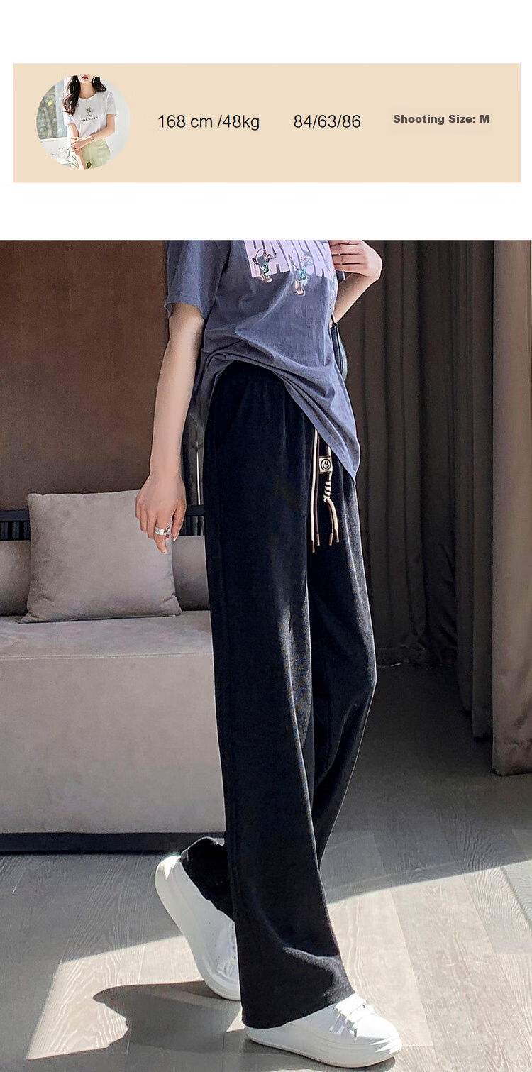 Dme [Cotton Velvet Wide-Leg Casual Pants] Mid-Rise Elastic Waist Loose-Fit Trousers for Women, Autumn, Khaki Color, Size M 11