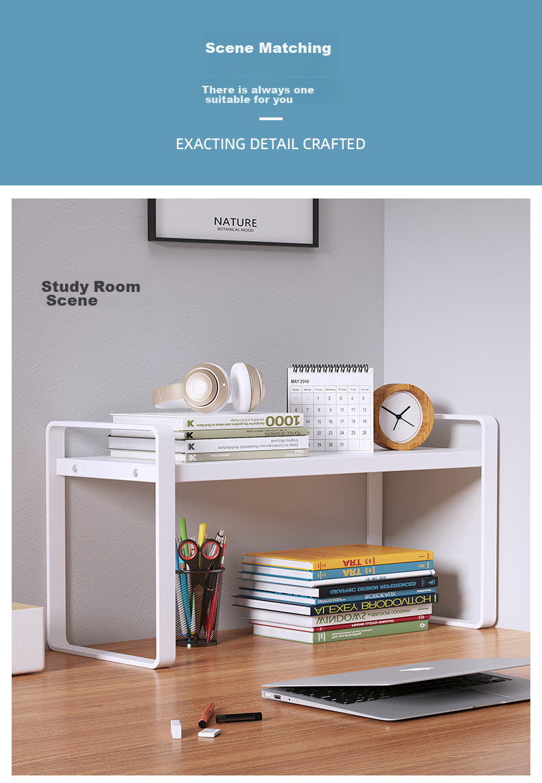 Anerya Desktop Bookshelf, Multi-Layer Iron Art Storage Rack for Books, Double-Layer Nordic Maple Wood - White Frame 40cm Long 17