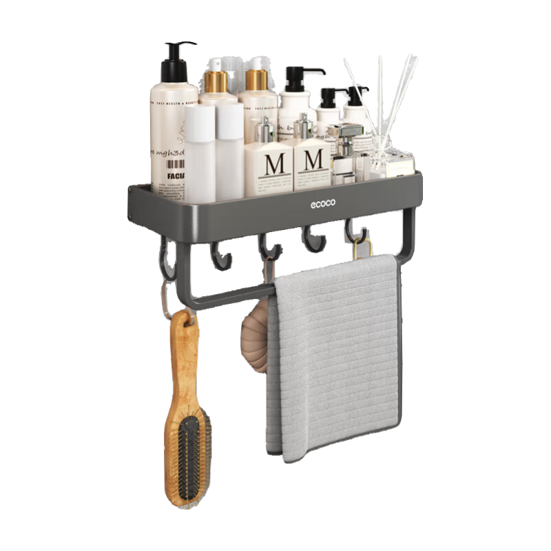 Ecoco Space Aluminum Bathroom Storage Rack, Wall-Mounted Towel Rack, No Drilling Or Drilling Required, Hooks for Bathroom Storage Shelf