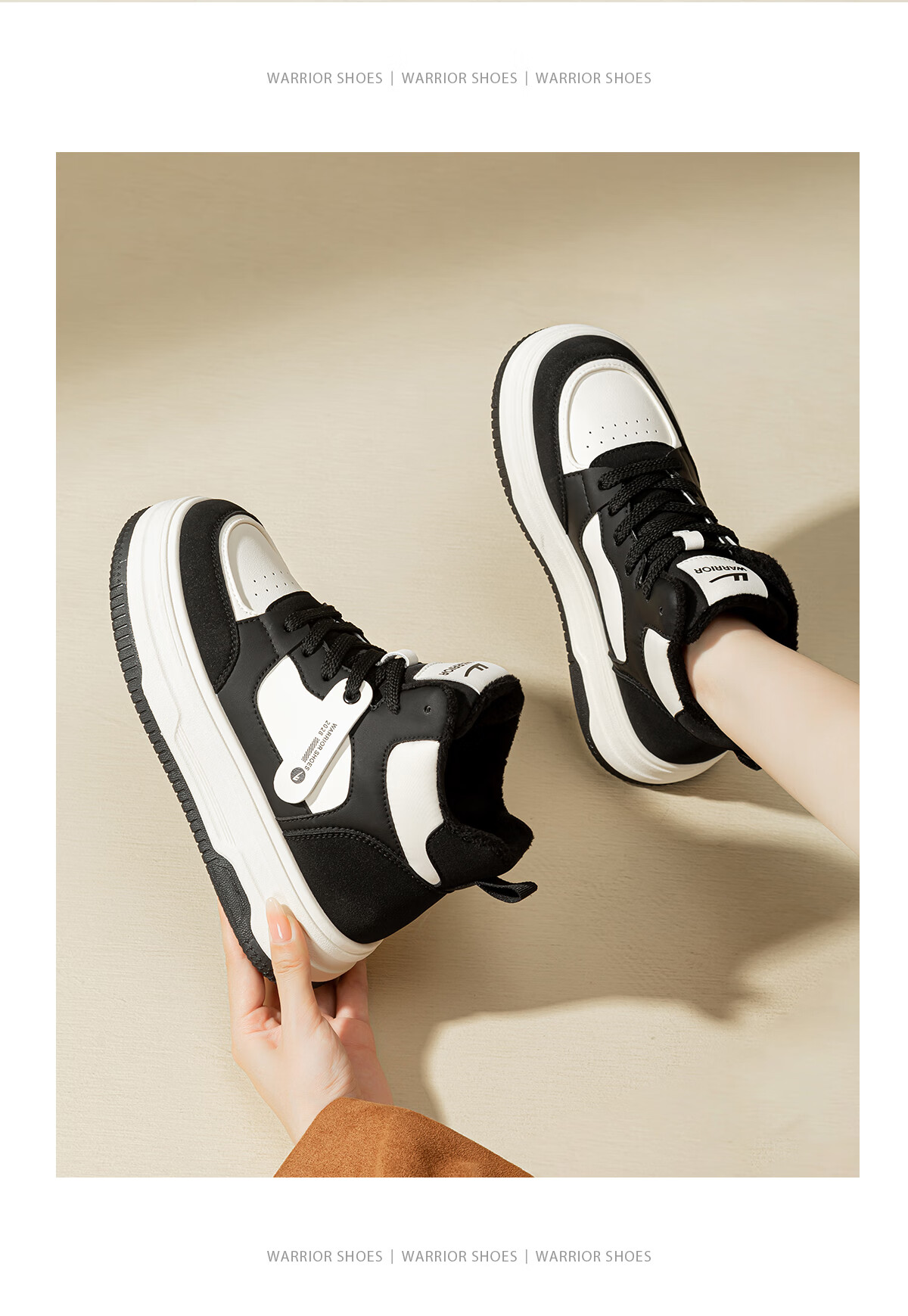 Warrior Women's Winter Fleece-Lined High-Top Sneakers Thick Sole Height Increasing Fashion Sports Casual Shoes White Black Size 39 14