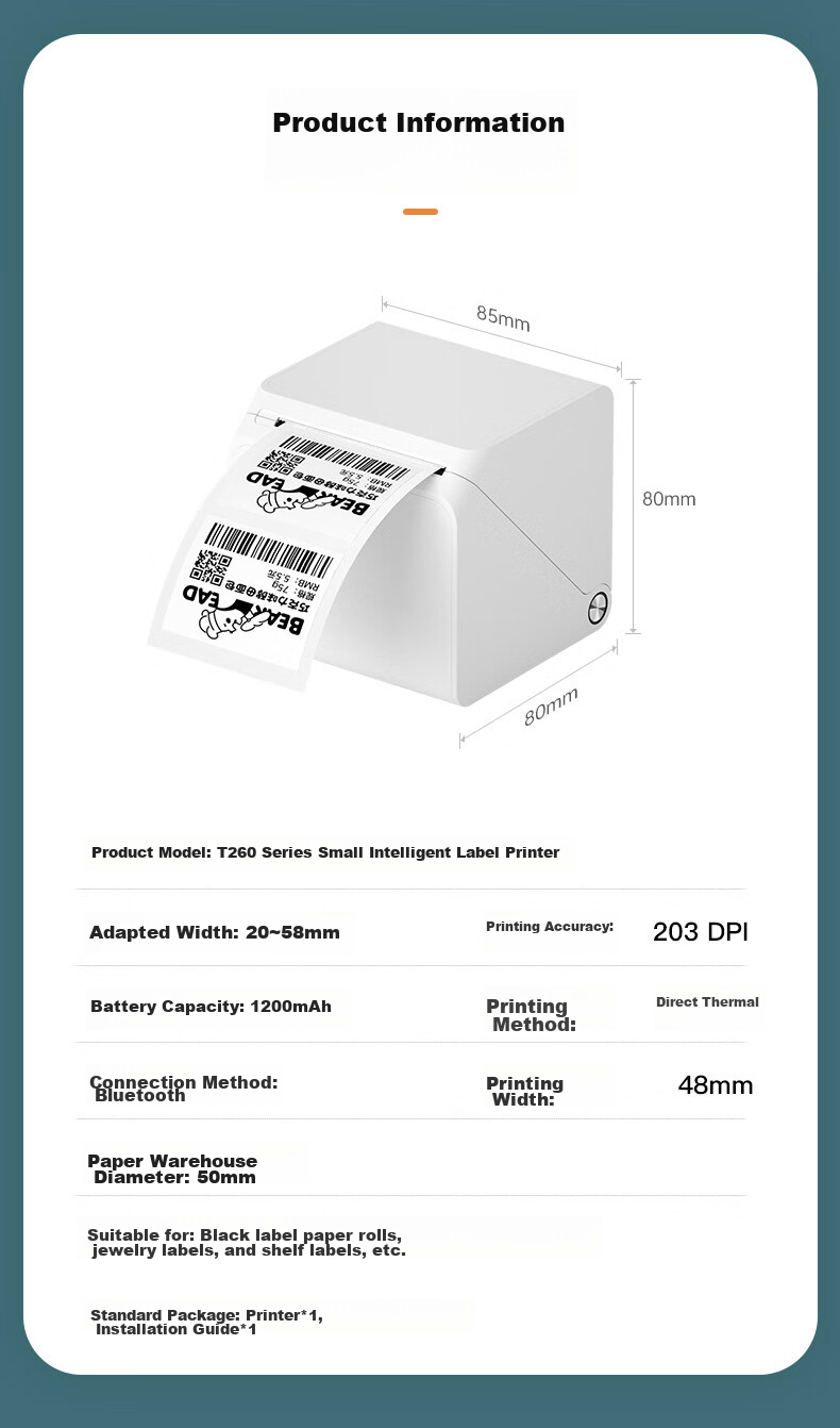 HPRT T260L Label Printer, Compact Portable Bluetooth Thermal Price Tag Barcode Label Paper Printer, Food And Bubble Tea Shop Self-Adhesive Sticker Commercial Label Machine 15