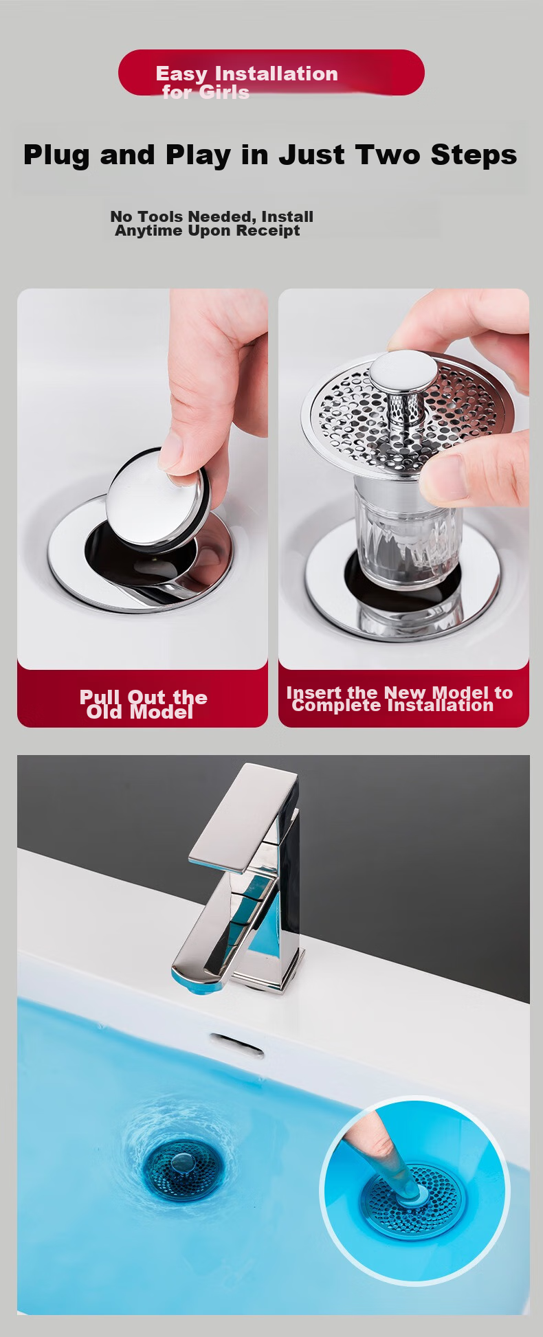 Pollock Sink Drain Stopper, Washbasin Pop-Up Core, Brass Sink Anti-Odor Device, Filter Screen MPXGL 6